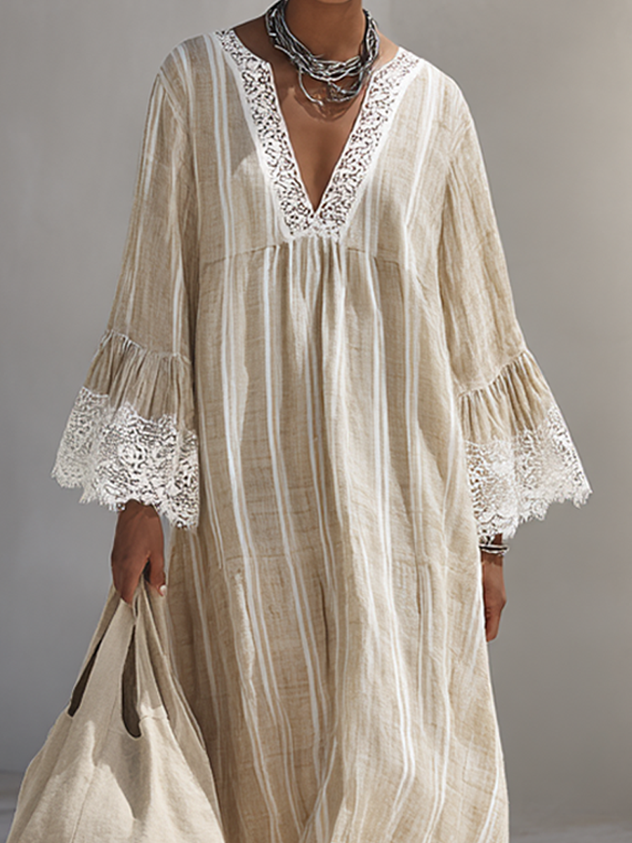 Beige Maxi Dress for Women with Vertical Stripes, White Lace Edges, and Flared Long Sleeves MDZ1745F9ZRK