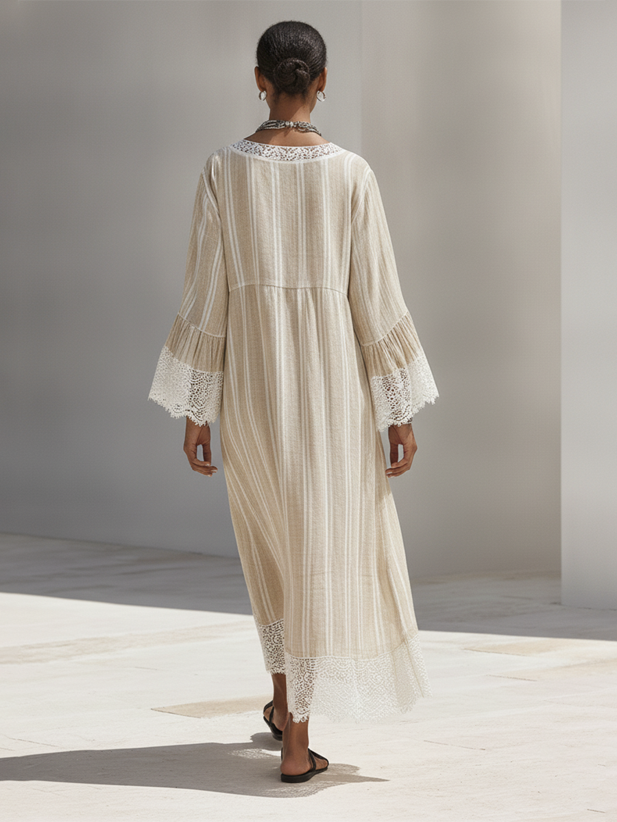 Beige Maxi Dress for Women with Vertical Stripes, White Lace Edges, and Flared Long Sleeves MDZ1745F9ZRK
