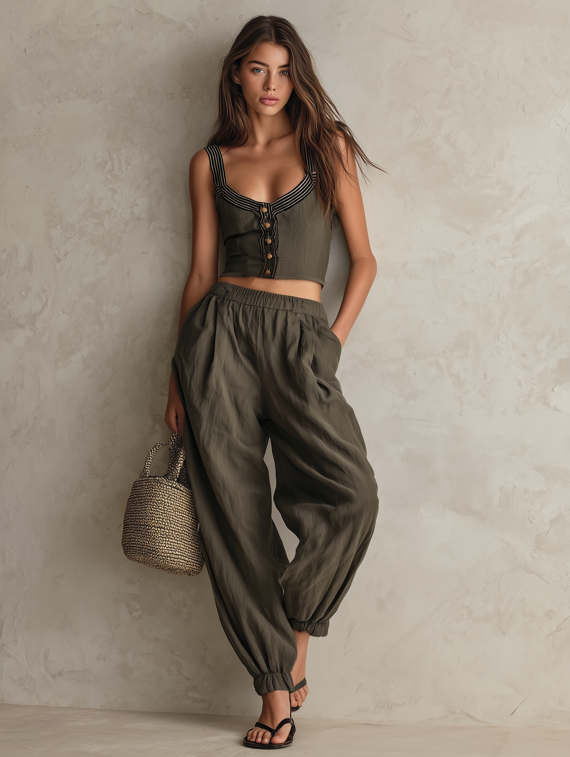 Gray-Green Sleeveless Women's Top with Matching Pants. MDZ2537F2LXY