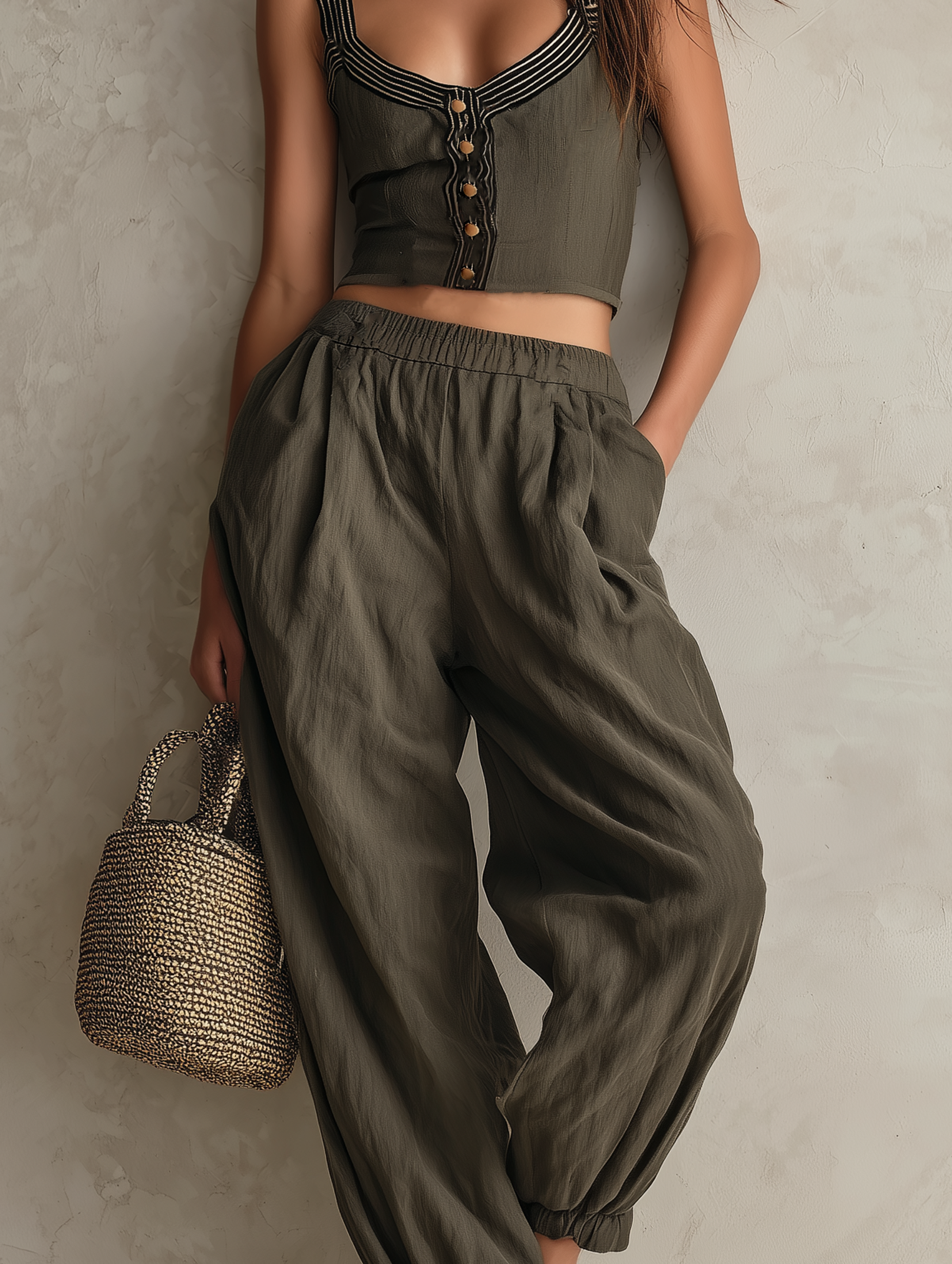 Gray-Green Sleeveless Women's Top with Matching Pants. MDZ2537F2LXY