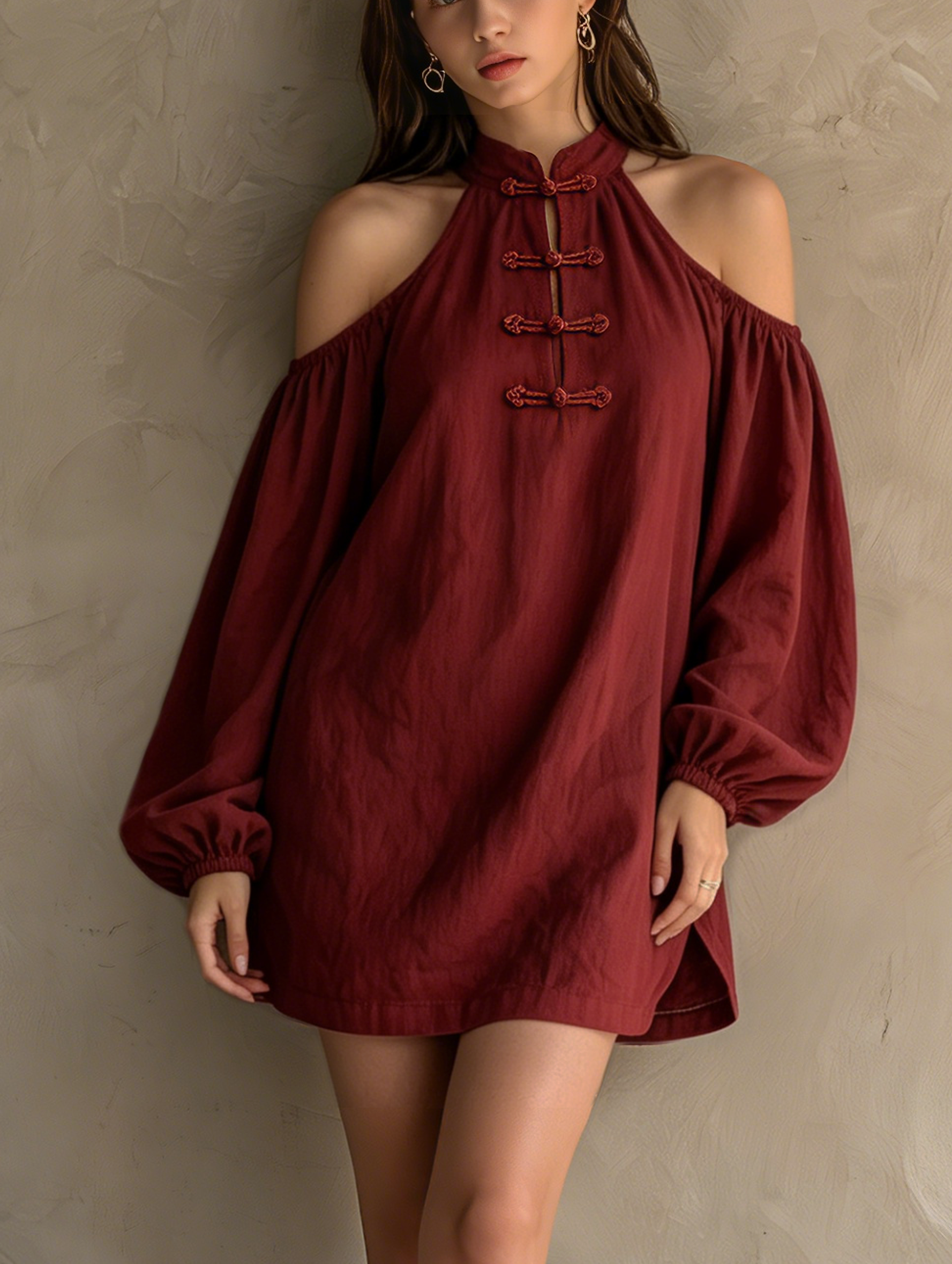 Long Mini Dress with Sleeves for Women in Dark Red Made of Cotton-Linen MDZ2597F7LXY