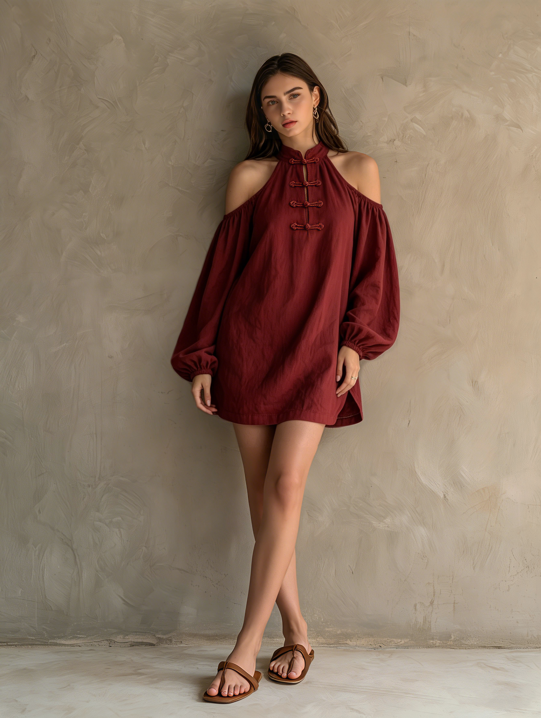Long Mini Dress with Sleeves for Women in Dark Red Made of Cotton-Linen MDZ2597F7LXY