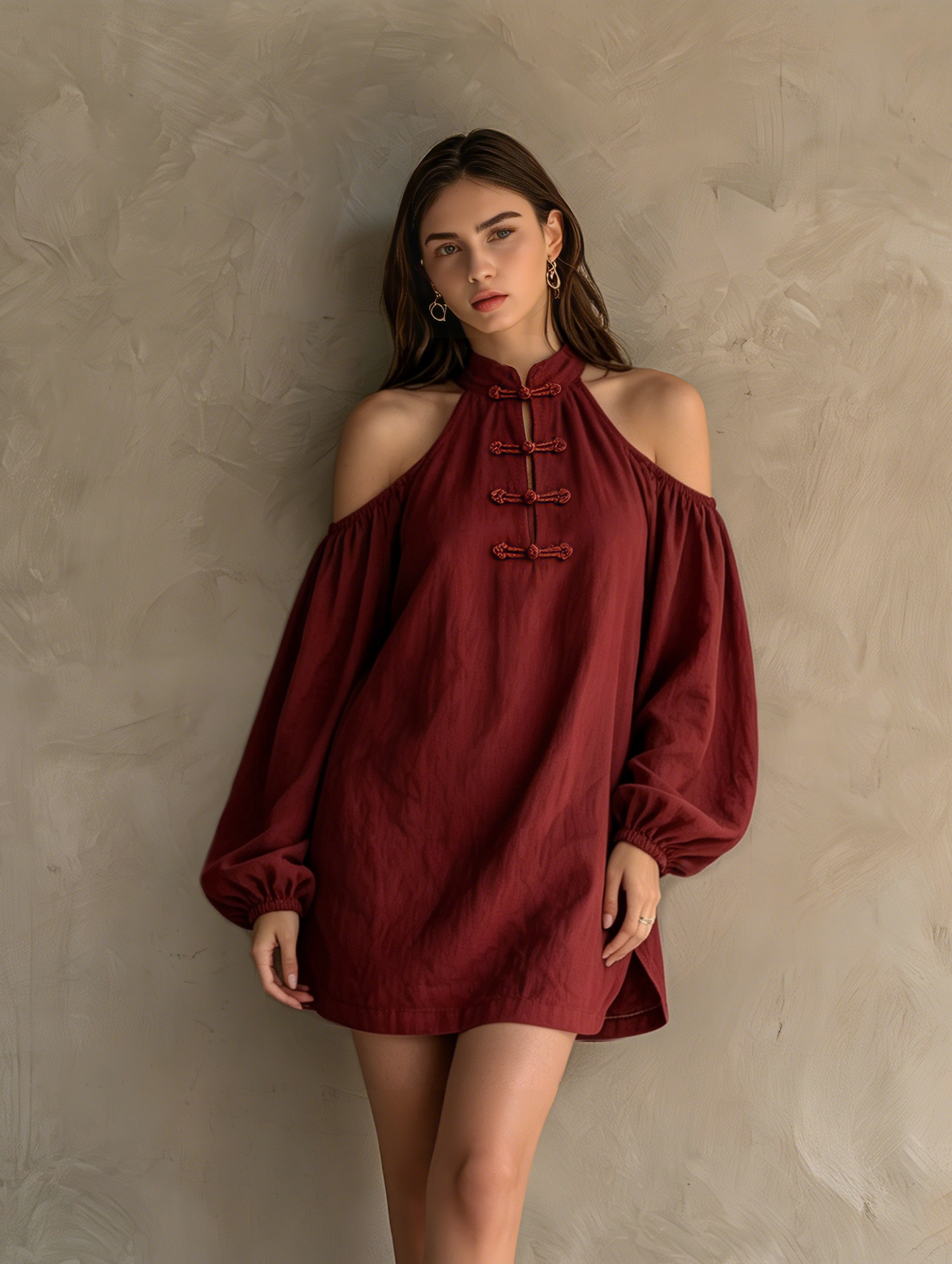 Long Mini Dress with Sleeves for Women in Dark Red Made of Cotton-Linen MDZ2597F7LXY