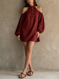 Long Mini Dress with Sleeves for Women in Dark Red Made of Cotton-Linen MDZ2597F7LXY