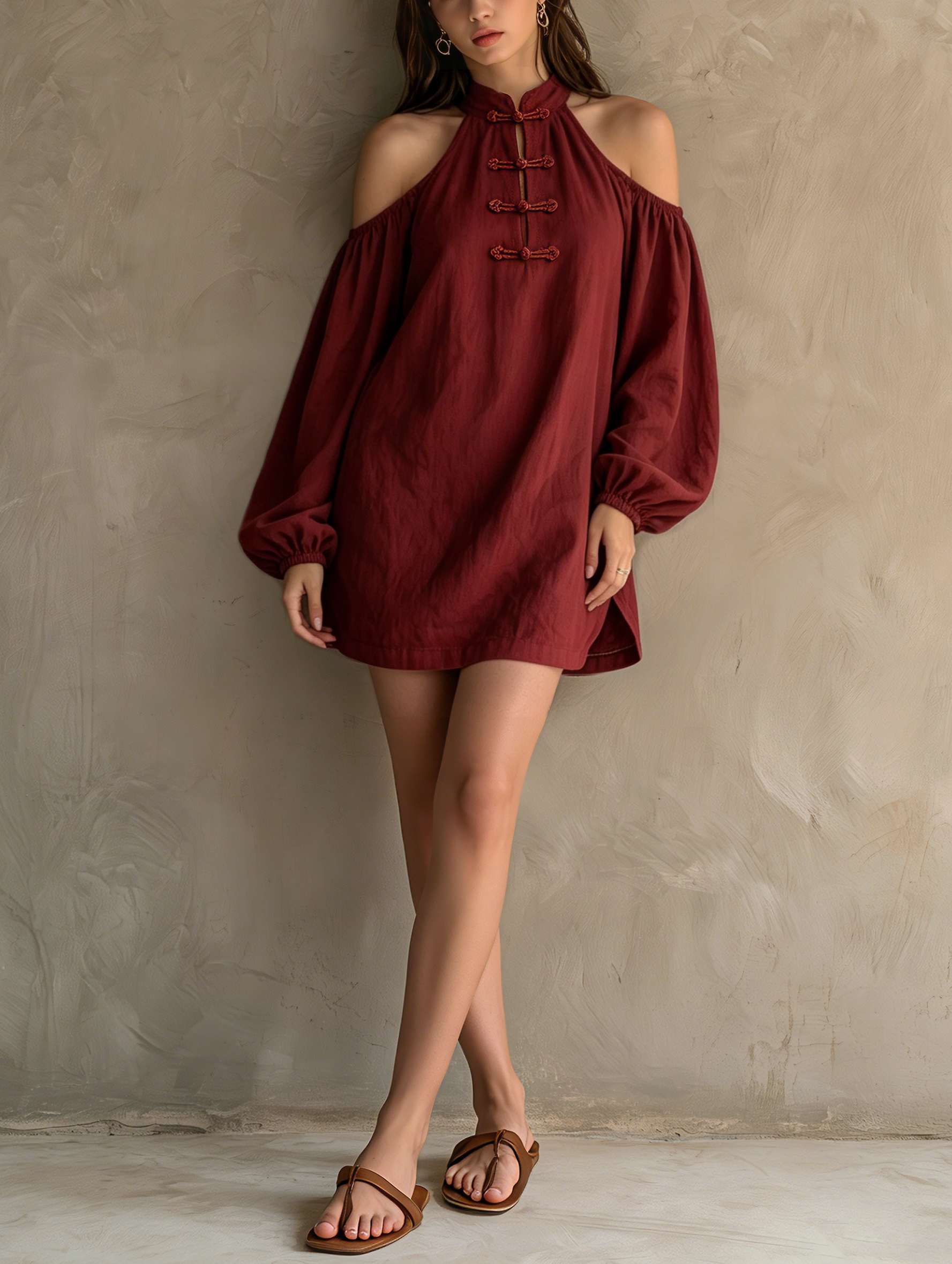 Long Mini Dress with Sleeves for Women in Dark Red Made of Cotton-Linen MDZ2597F7LXY