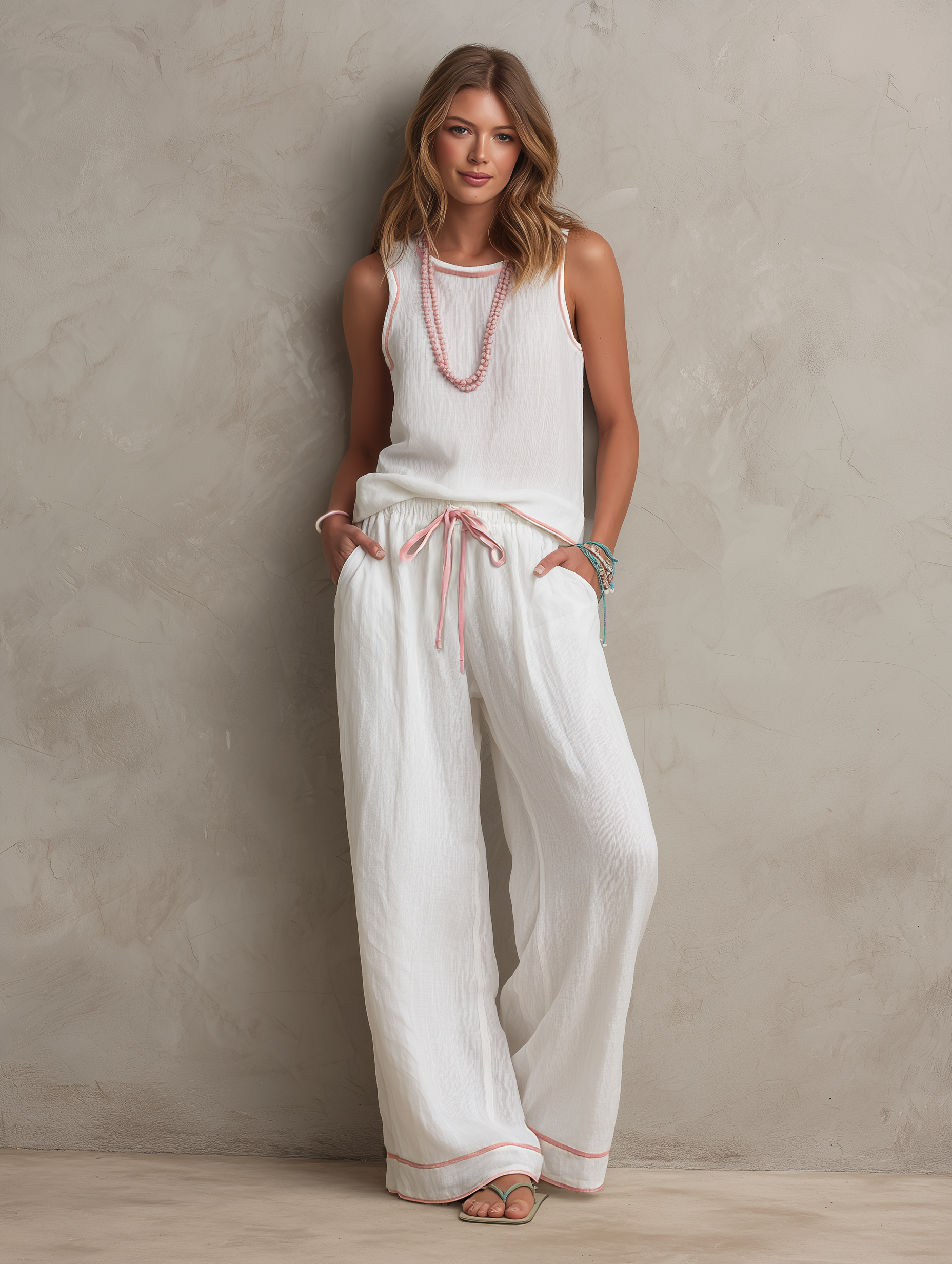 Summer Women's Sleeveless Top in White and Pink Made of Cotton-Linen Fabric, Paired with Pants MDZ2519F6LXY