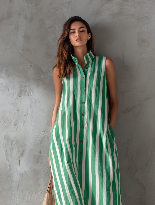 Casual Women's Maxi Dress Without Sleeves with Woven Print in White and Green MDZ2536F2LXY