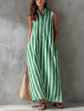 Casual Women's Maxi Dress Without Sleeves with Woven Print in White and Green MDZ2536F2LXY
