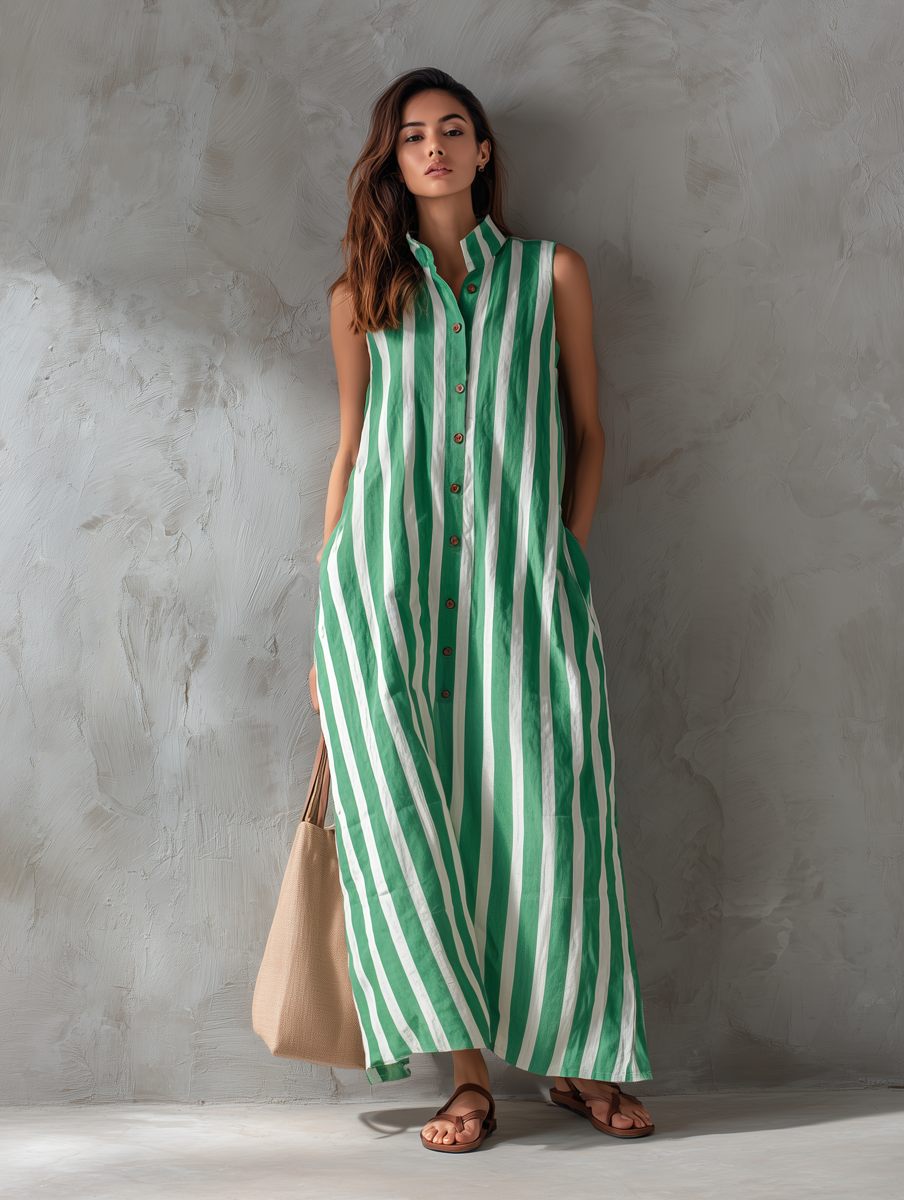 Casual Women's Maxi Dress Without Sleeves with Woven Print in White and Green MDZ2536F2LXY