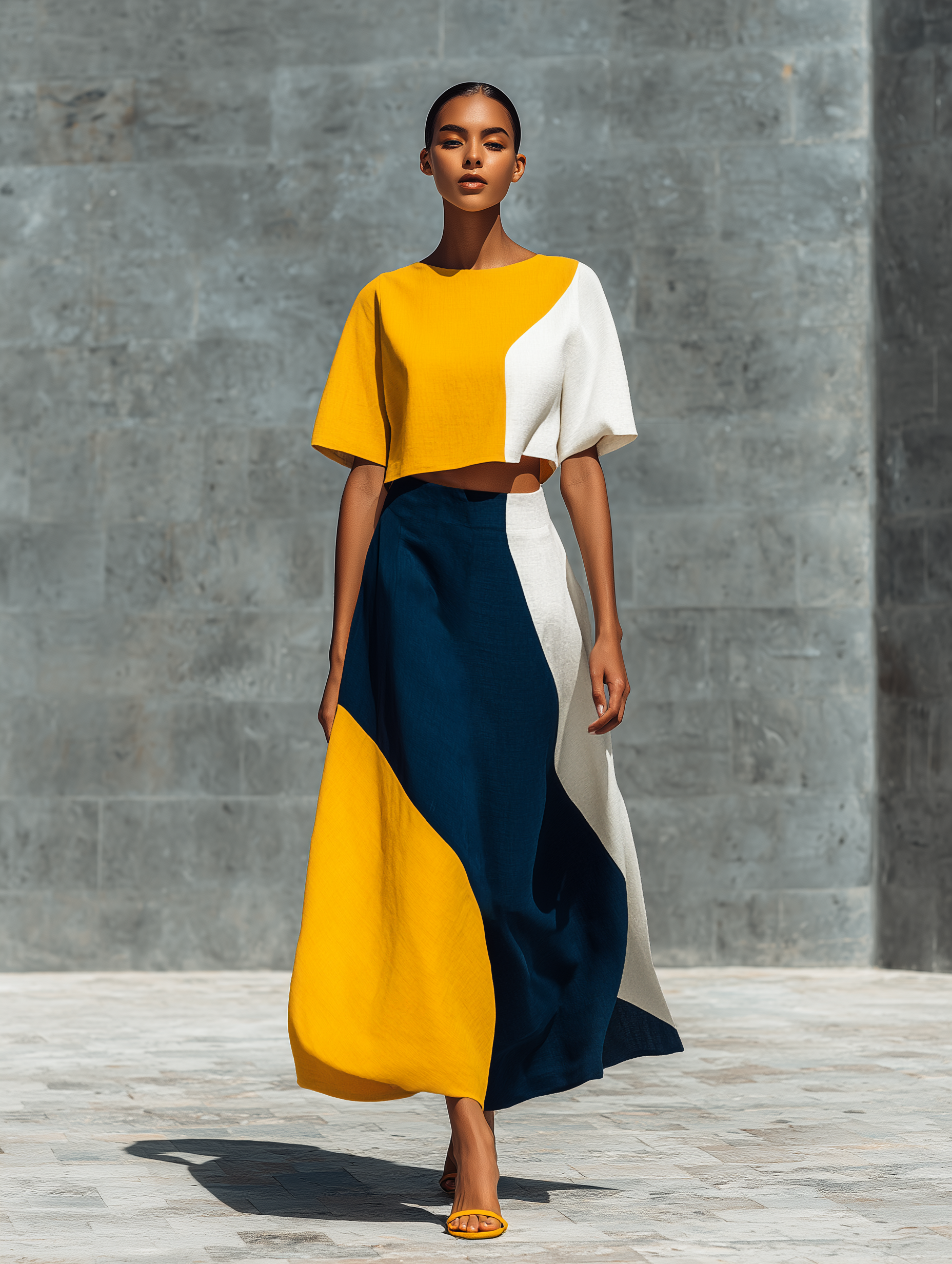 Matching Set for Women - Cropped Top with Puff Sleeves in Various Colors and Asymmetrical Midi Skirt with High Waist MDZ2654F3T