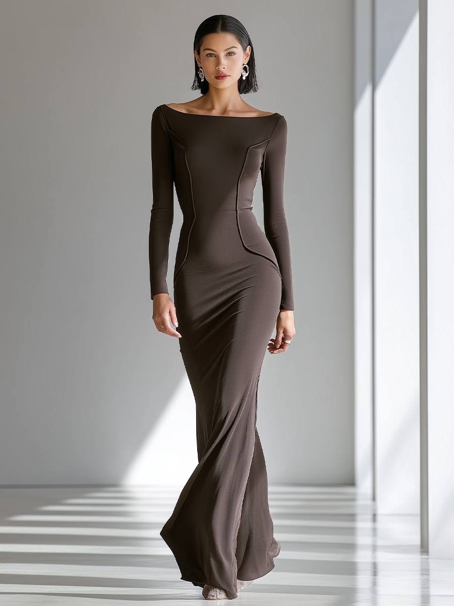 Women's Chocolate Brown Fitted Jersey Dresses with Wide Vertical Collar, Modern and Versatile Floor-Length Cocktail Dress MDZ2653F0LYL