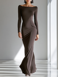 Women's Chocolate Brown Fitted Jersey Dresses with Wide Vertical Collar, Modern and Versatile Floor-Length Cocktail Dress MDZ2653F0LYL