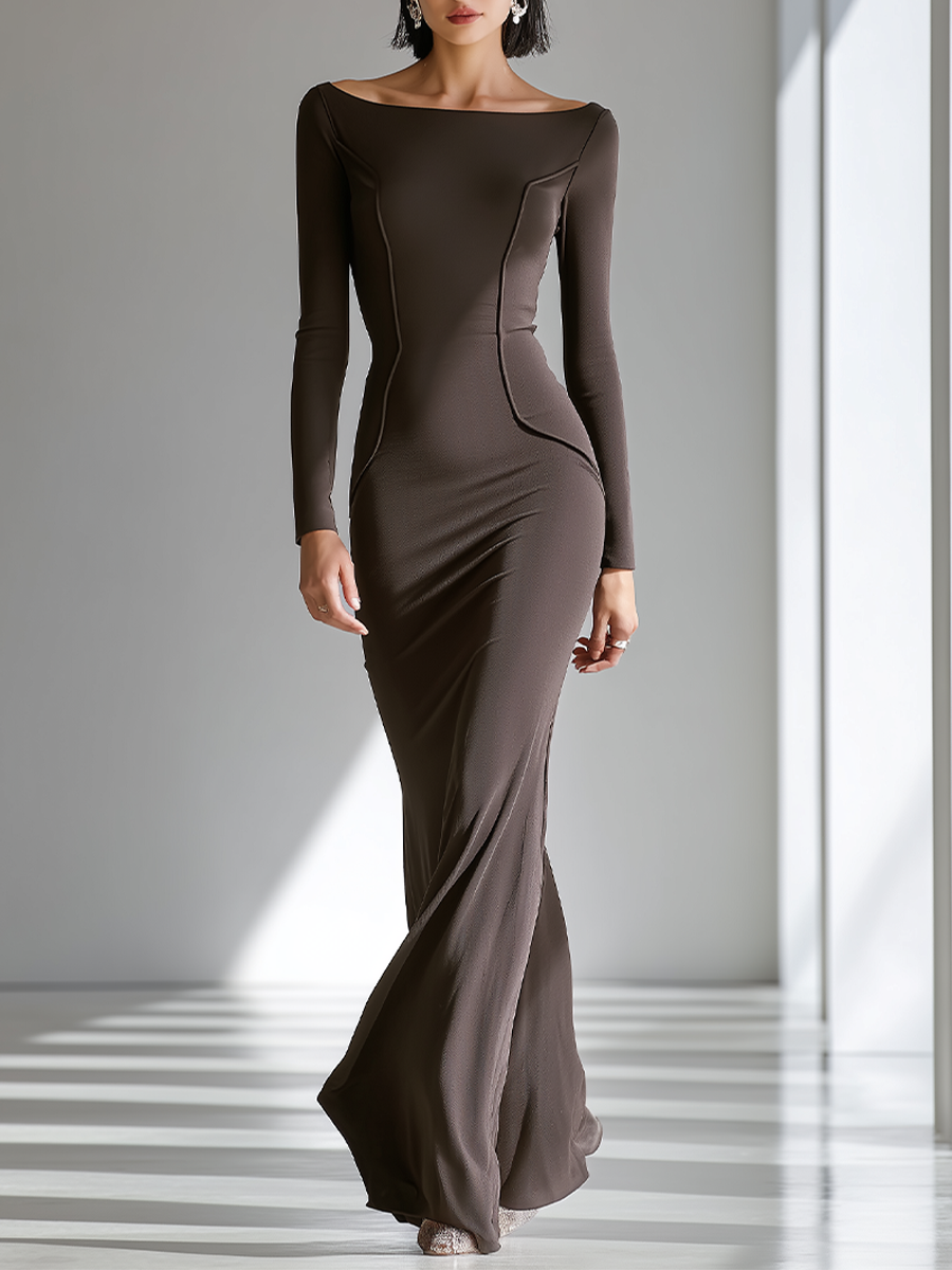 Women's Chocolate Brown Fitted Jersey Dresses with Wide Vertical Collar, Modern and Versatile Floor-Length Cocktail Dress MDZ2653F0LYL