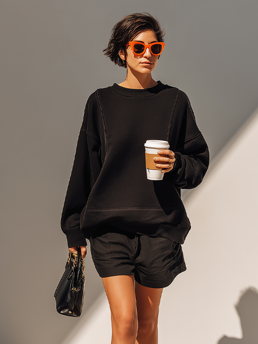 Black Cotton Set for Women with Oversized Long Sleeve Sweatshirt and Casual Loose Shorts, Modern and Comfortable Daily Outfit