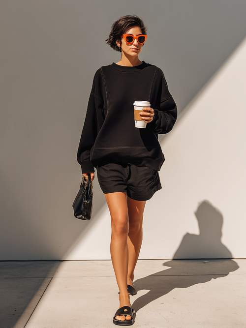 Black Cotton Set for Women with Oversized Long Sleeve Sweatshirt and Casual Loose Shorts, Modern and Comfortable Daily Outfit