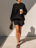 Black Cotton Set for Women with Oversized Long Sleeve Sweatshirt and Casual Loose Shorts, Modern and Comfortable Daily Outfit