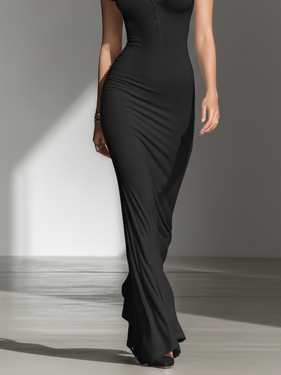 Soft Black Floor-Length Dress for Women with V-Neck and Henley Buttons, Flattering Silhouette, Modern Minimalist Casual Formal Maxi Dress MDZ2617F2LYL