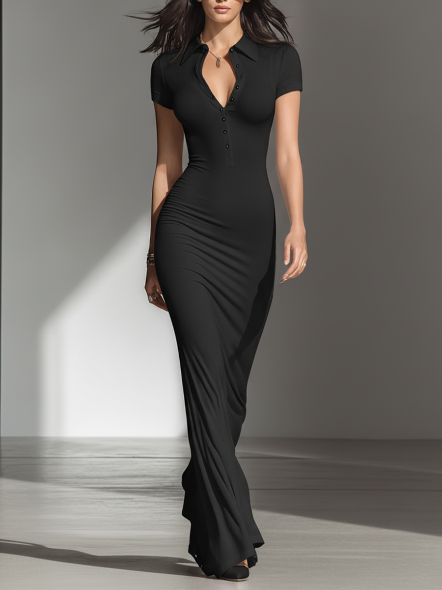 Soft Black Floor-Length Dress for Women with V-Neck and Henley Buttons, Flattering Silhouette, Modern Minimalist Casual Formal Maxi Dress MDZ2617F2LYL