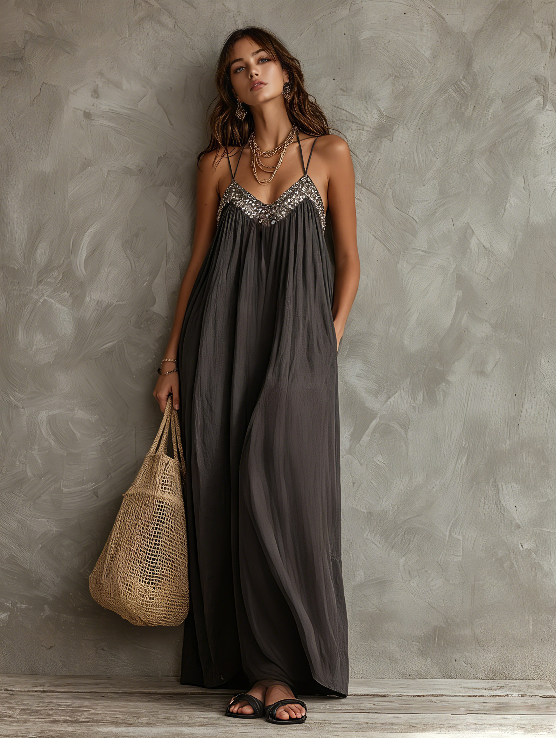 Dark Gray Women's Maxi Dress with V-Neck in Woven Design with Square Top Accents MDZ2635F6LXY