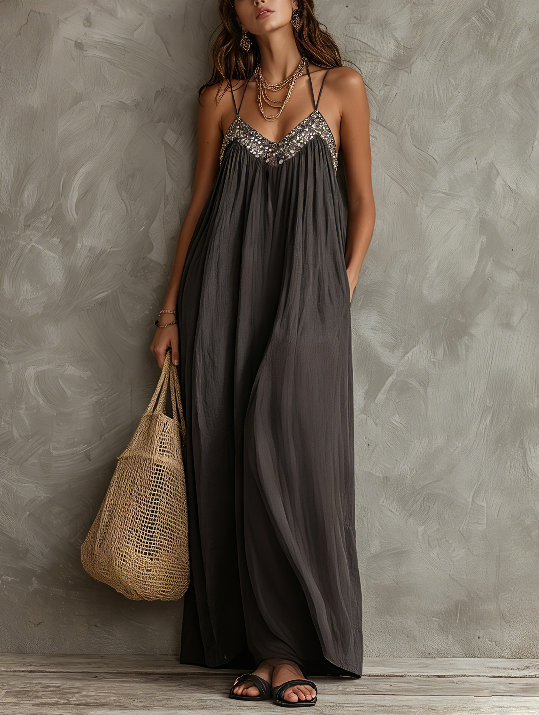 Dark Gray Women's Maxi Dress with V-Neck in Woven Design with Square Top Accents MDZ2635F6LXY