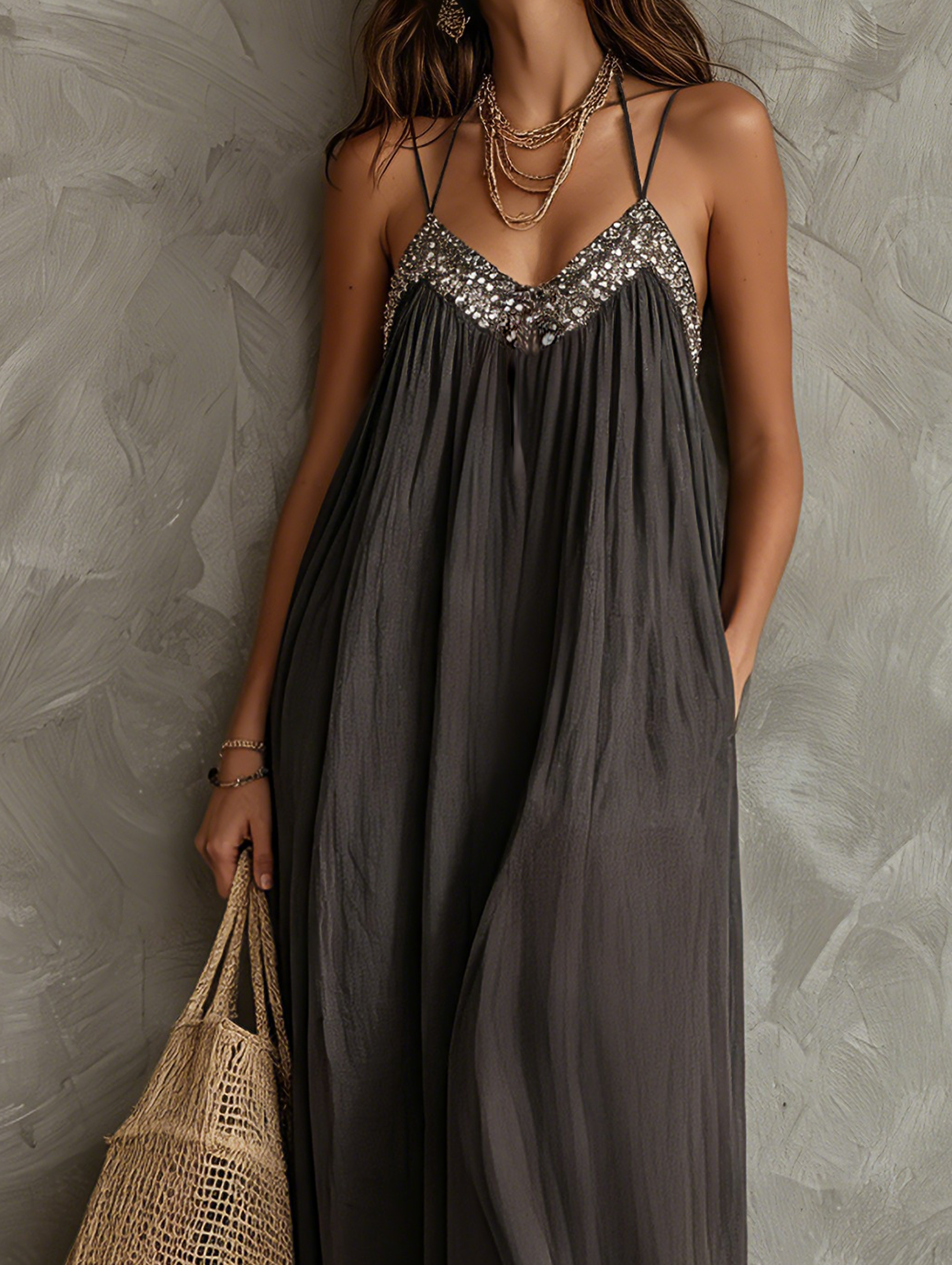 Dark Gray Women's Maxi Dress with V-Neck in Woven Design with Square Top Accents MDZ2635F6LXY