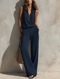 Sleeveless Top in Navy Blue with Zipper Collar for Women, Paired with Pants MDZ2662F3LXY