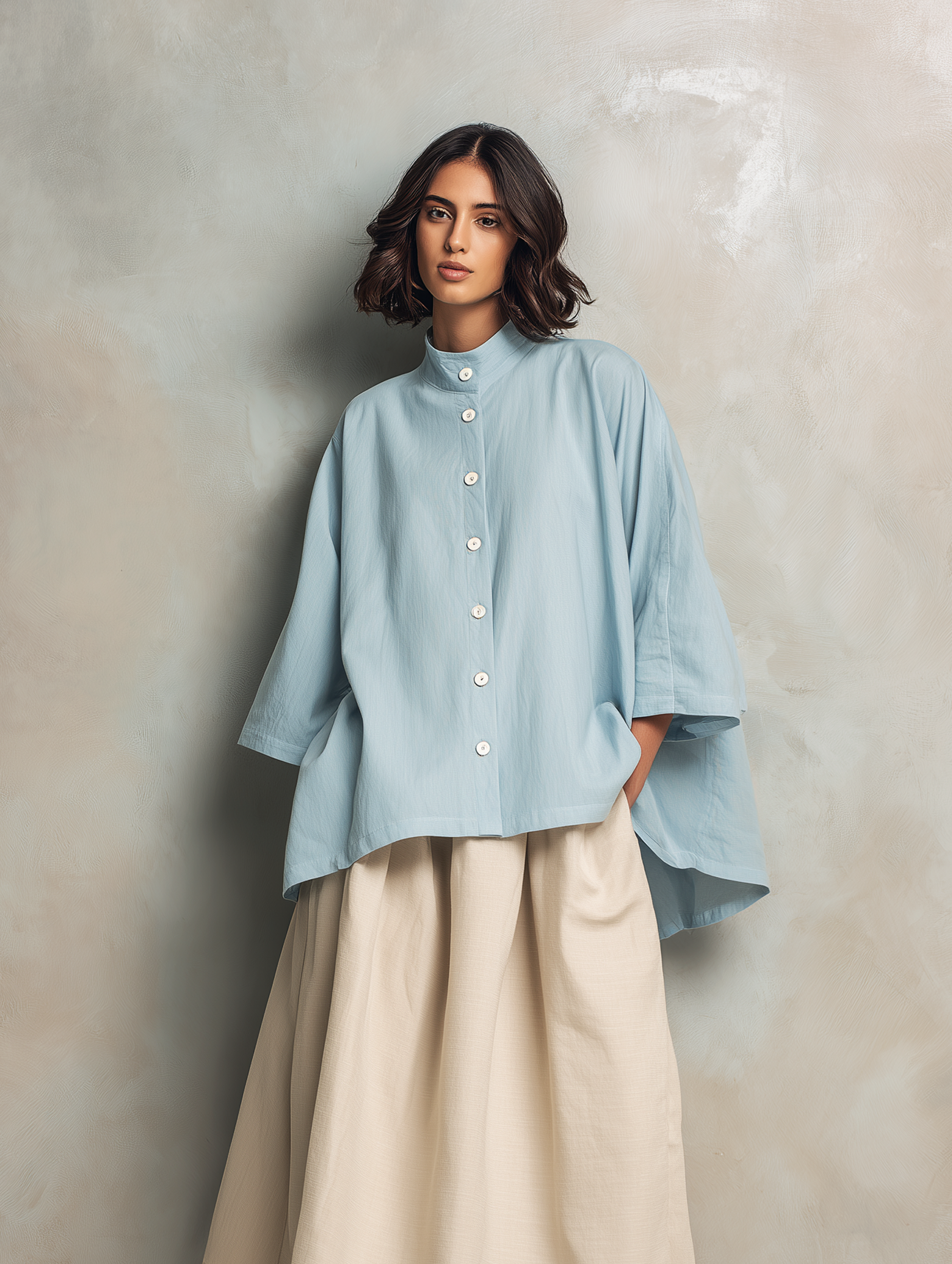 Long Sleeve Cotton-Linen Shirt for Women in Light Blue, Paired with Cotton-Linen Skirt in Khaki MDZ2615F7LXY
