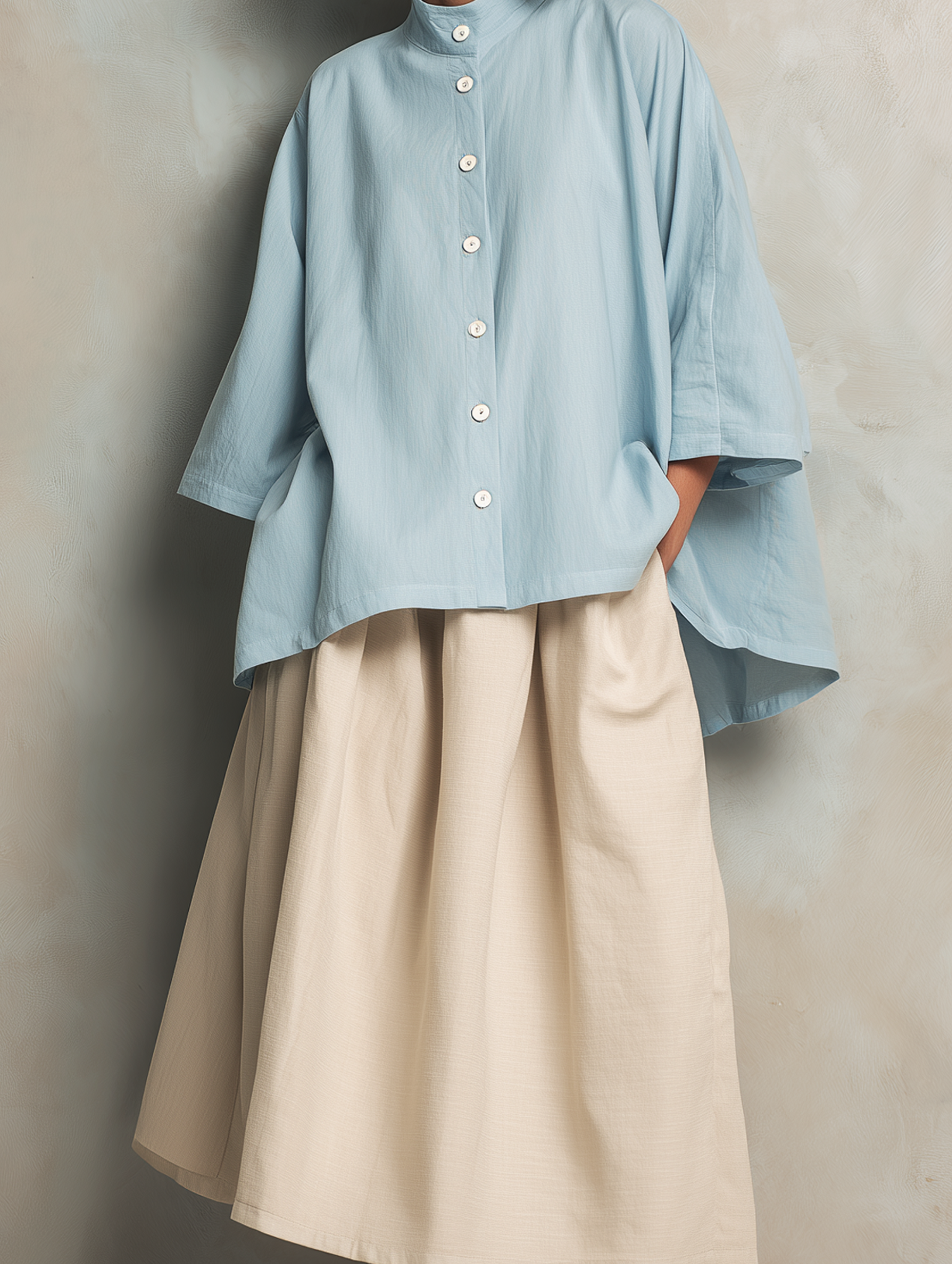 Long Sleeve Cotton-Linen Shirt for Women in Light Blue, Paired with Cotton-Linen Skirt in Khaki MDZ2615F7LXY