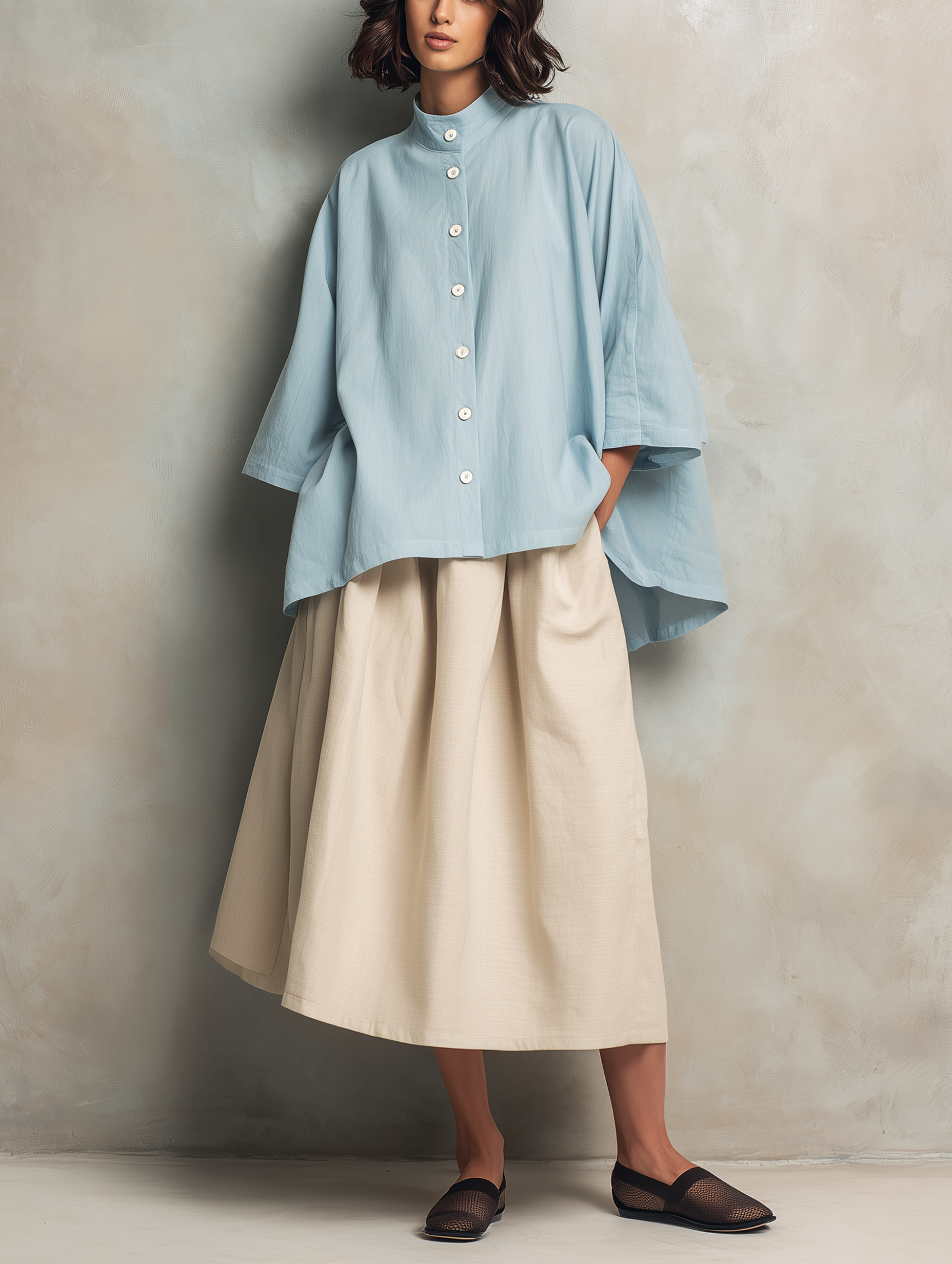 Long Sleeve Cotton-Linen Shirt for Women in Light Blue, Paired with Cotton-Linen Skirt in Khaki MDZ2615F7LXY