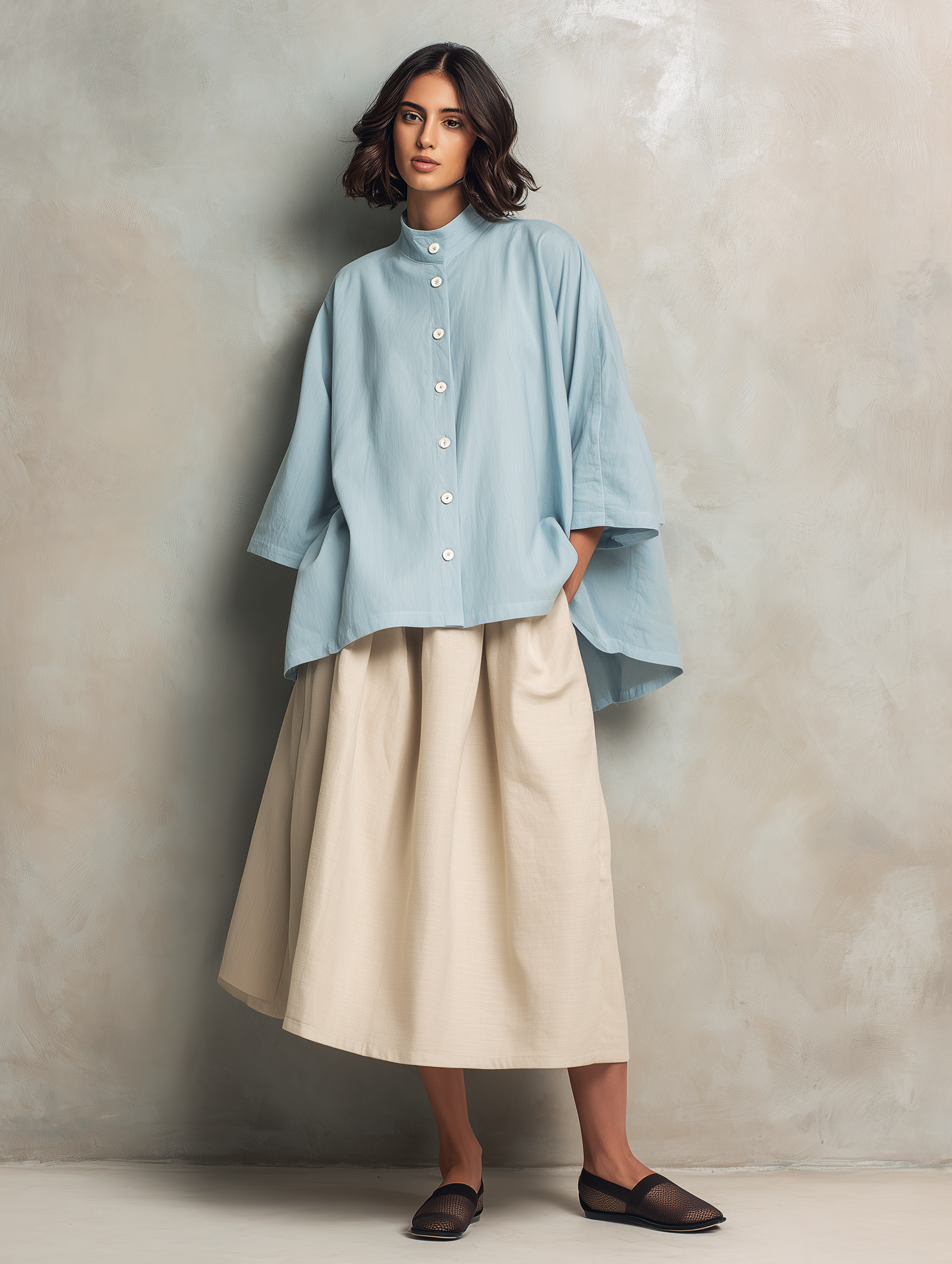 Long Sleeve Cotton-Linen Shirt for Women in Light Blue, Paired with Cotton-Linen Skirt in Khaki MDZ2615F7LXY