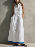 Women's Maxi Dress in White, Woven, Sleeveless with Collar MDZ2619F4LXY