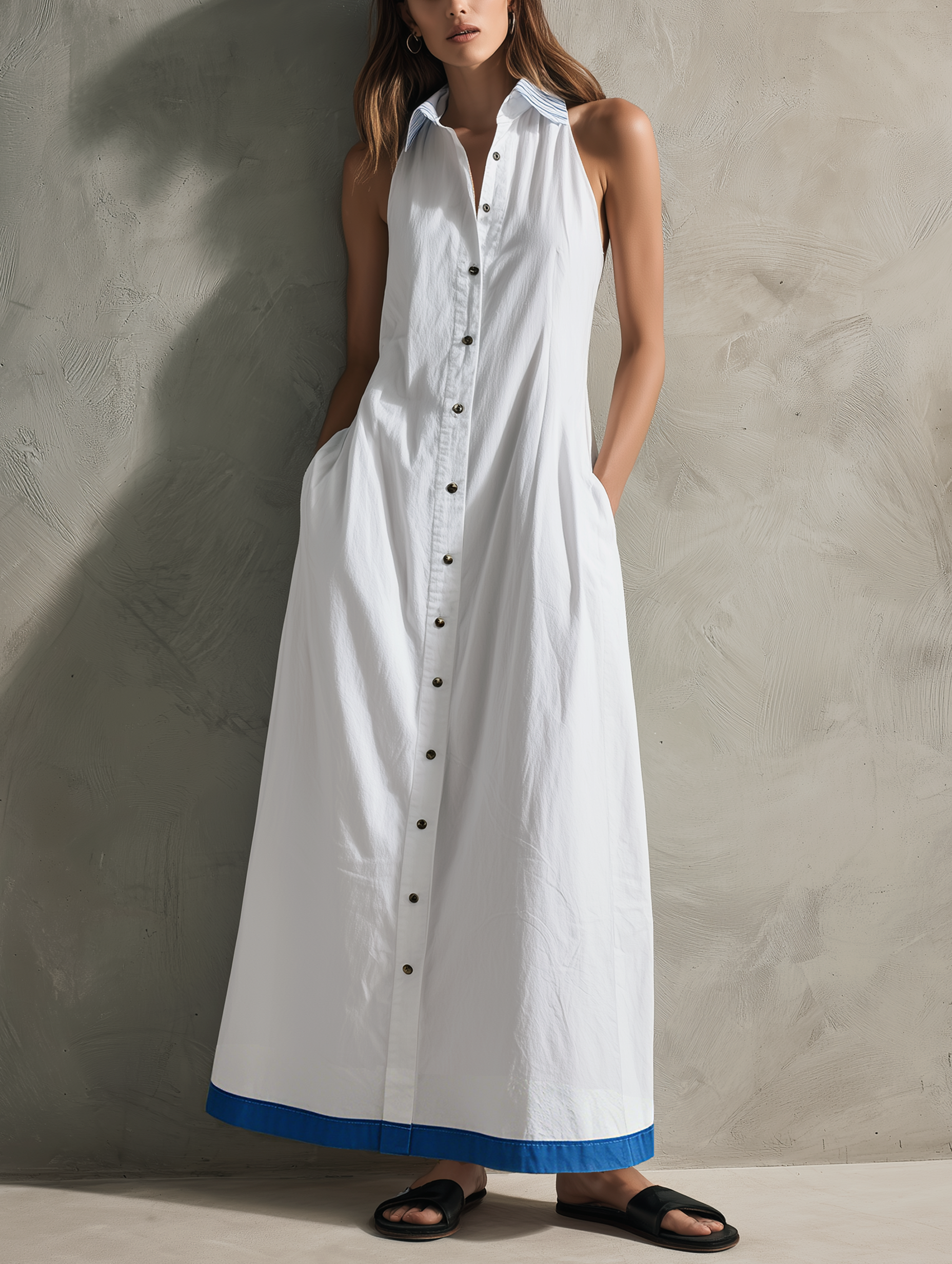 Women's Maxi Dress in White, Woven, Sleeveless with Collar MDZ2619F4LXY