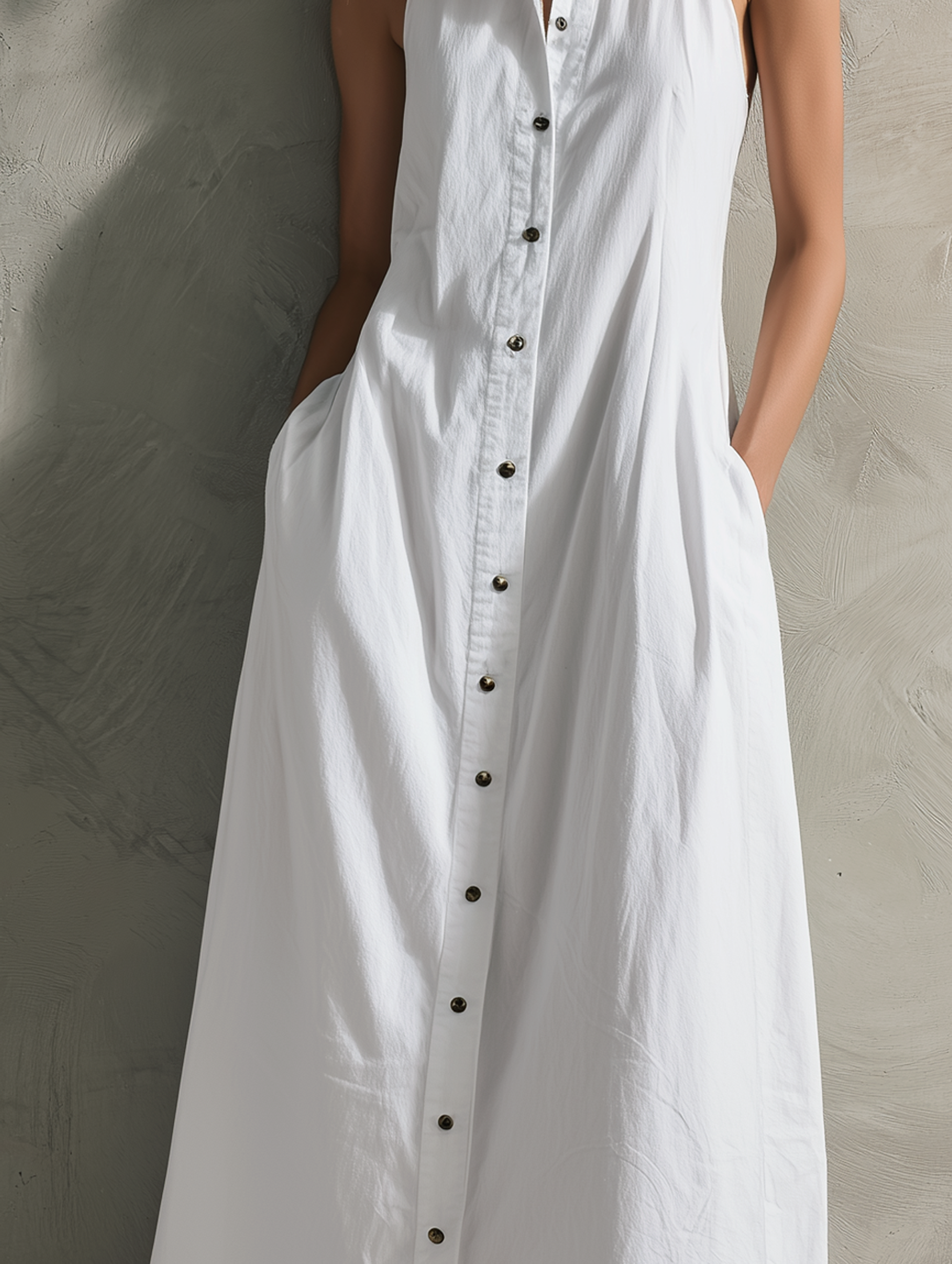 Women's Maxi Dress in White, Woven, Sleeveless with Collar MDZ2619F4LXY