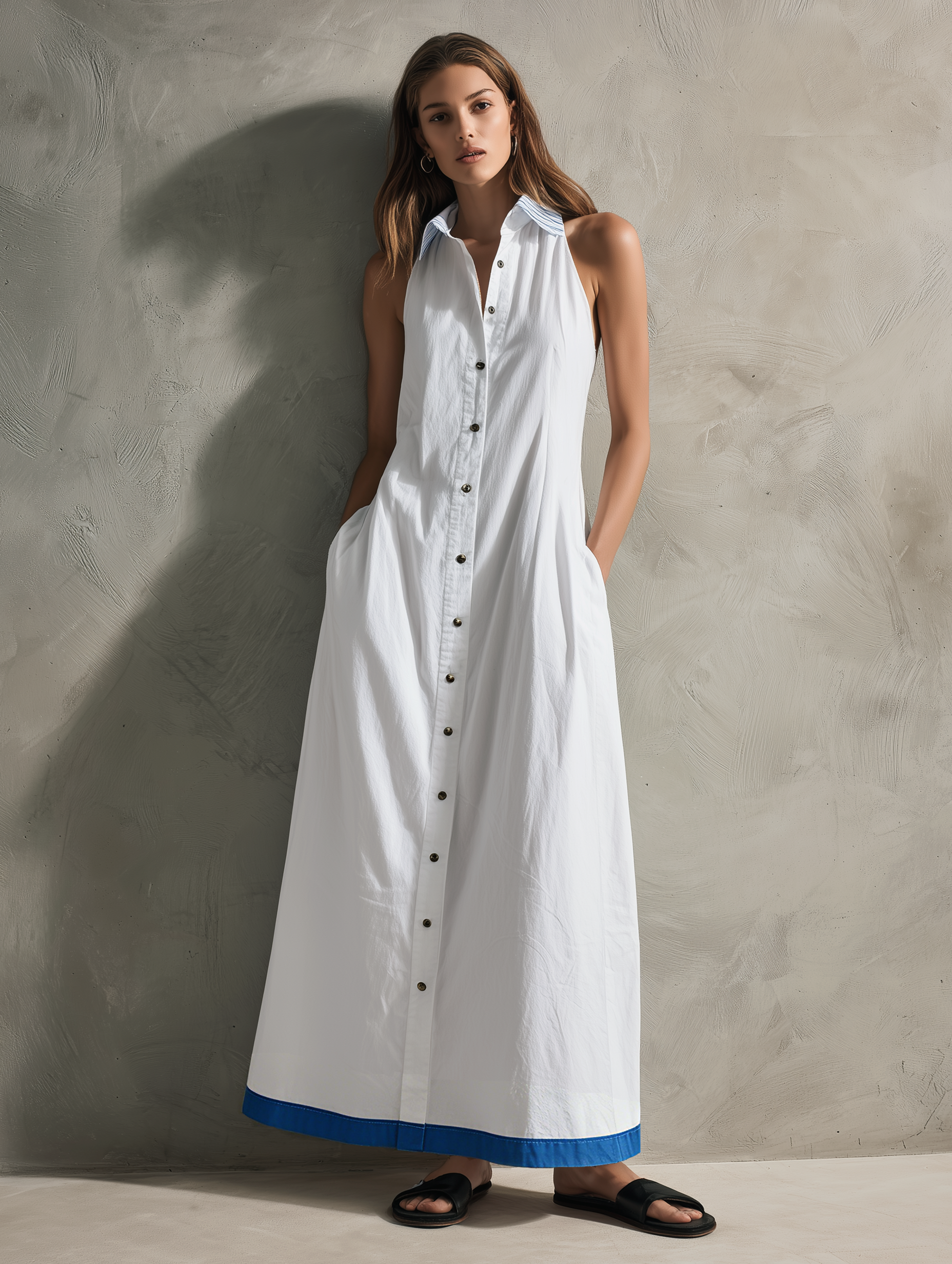Women's Maxi Dress in White, Woven, Sleeveless with Collar MDZ2619F4LXY