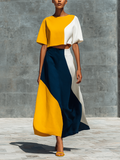 Matching Set for Women - Cropped Top with Puff Sleeves in Various Colors and Asymmetrical Midi Skirt with High Waist MDZ2654F3T