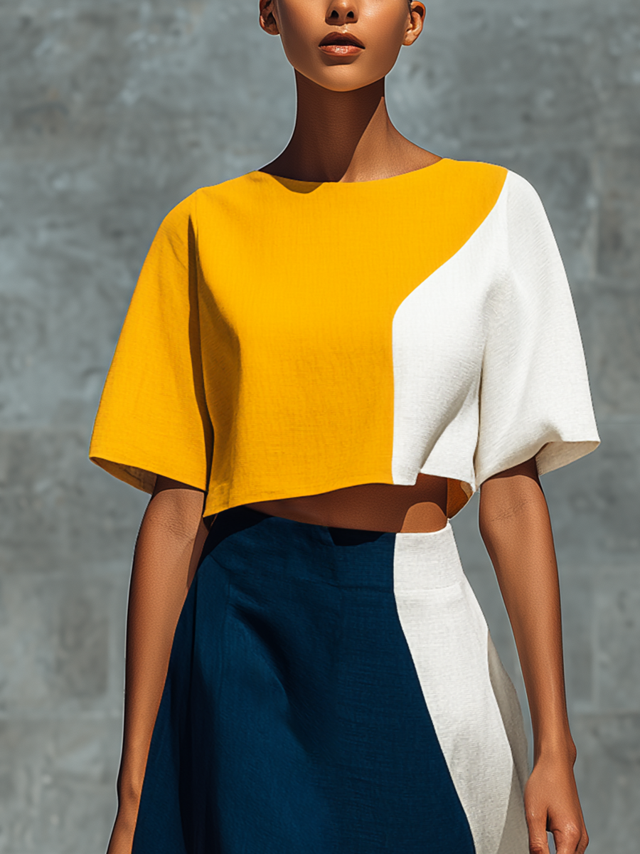 Matching Set for Women - Cropped Top with Puff Sleeves in Various Colors and Asymmetrical Midi Skirt with High Waist MDZ2654F3T
