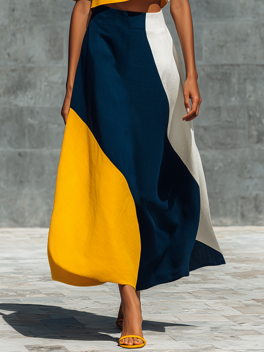Matching Set for Women - Cropped Top with Puff Sleeves in Various Colors and Asymmetrical Midi Skirt with High Waist MDZ2654F3T