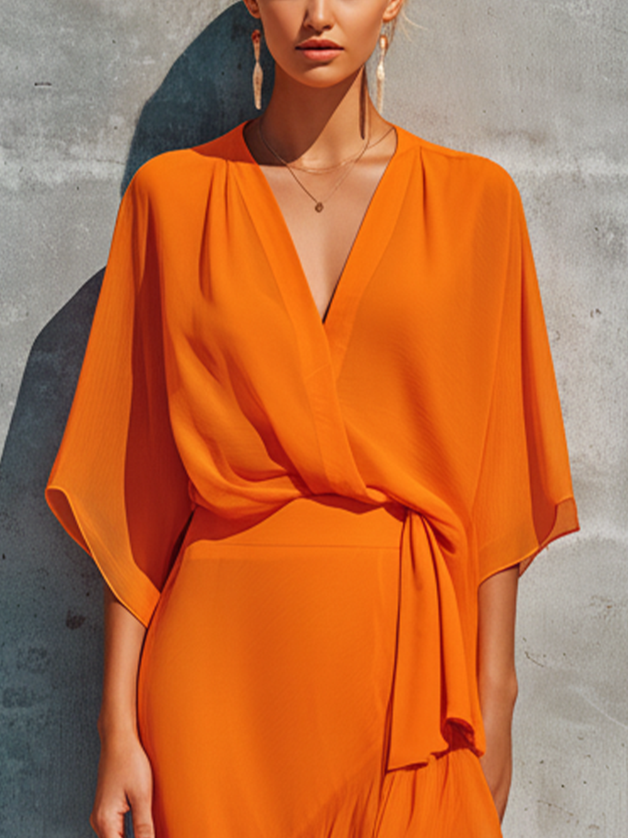 Orange Chiffon Top Set for Women with Asymmetrical Midi Skirt with Ruffles MDZ2662F6T
