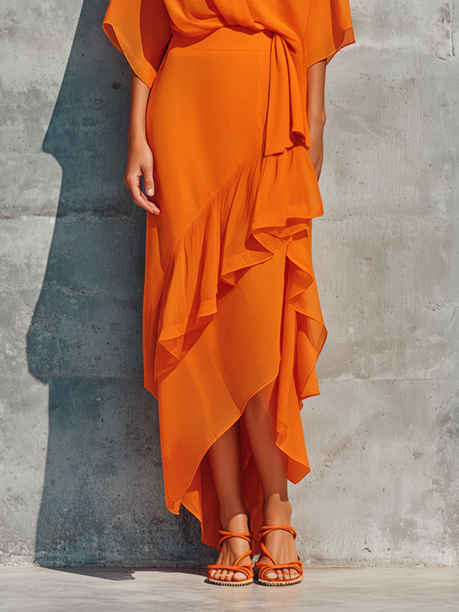 Orange Chiffon Top Set for Women with Asymmetrical Midi Skirt with Ruffles MDZ2662F6T