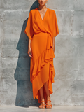 Orange Chiffon Top Set for Women with Asymmetrical Midi Skirt with Ruffles MDZ2662F6T