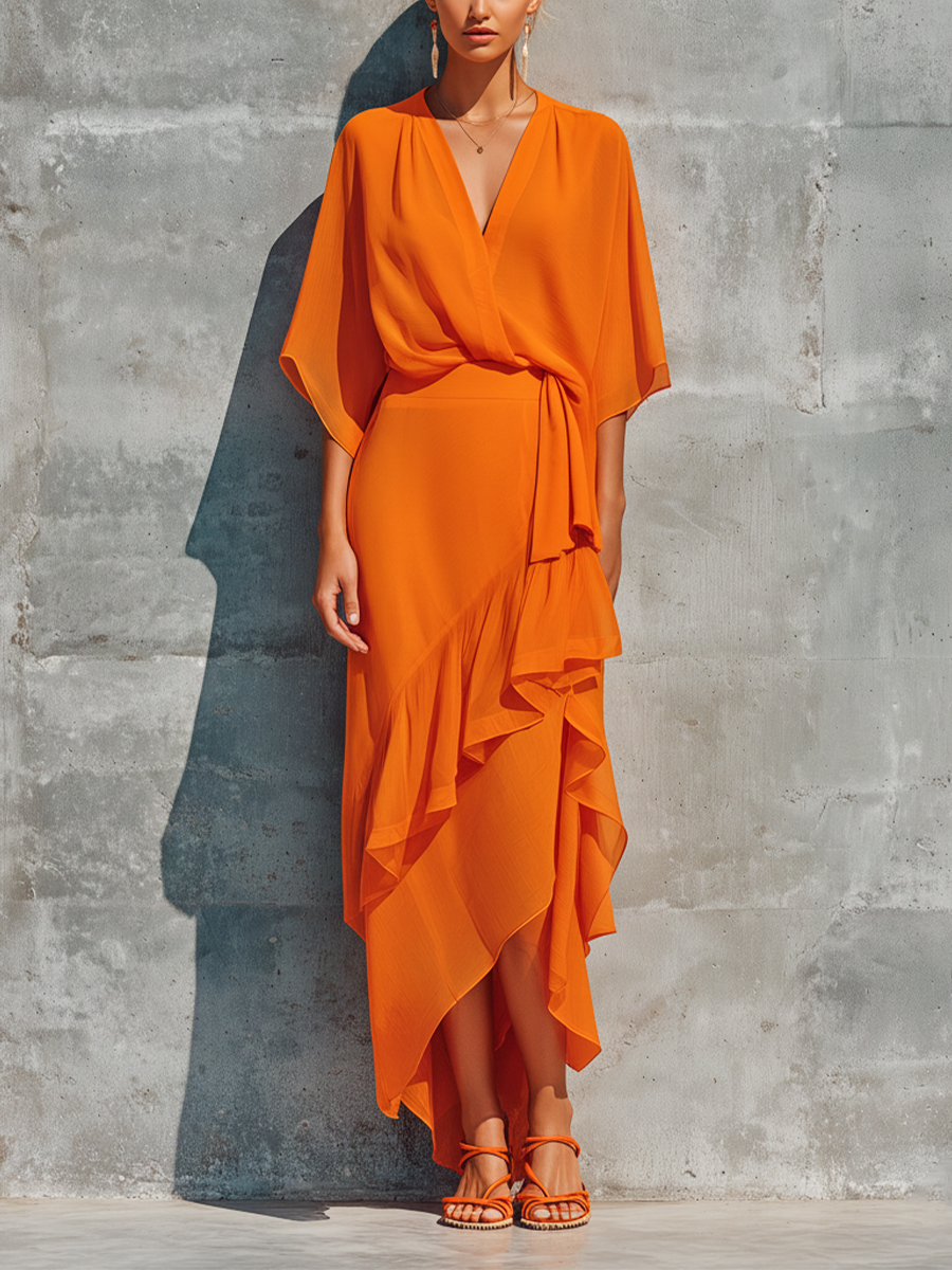 Orange Chiffon Top Set for Women with Asymmetrical Midi Skirt with Ruffles MDZ2662F6T
