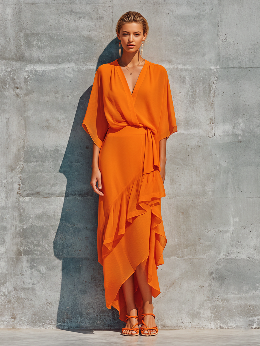 Orange Chiffon Top Set for Women with Asymmetrical Midi Skirt with Ruffles MDZ2662F6T
