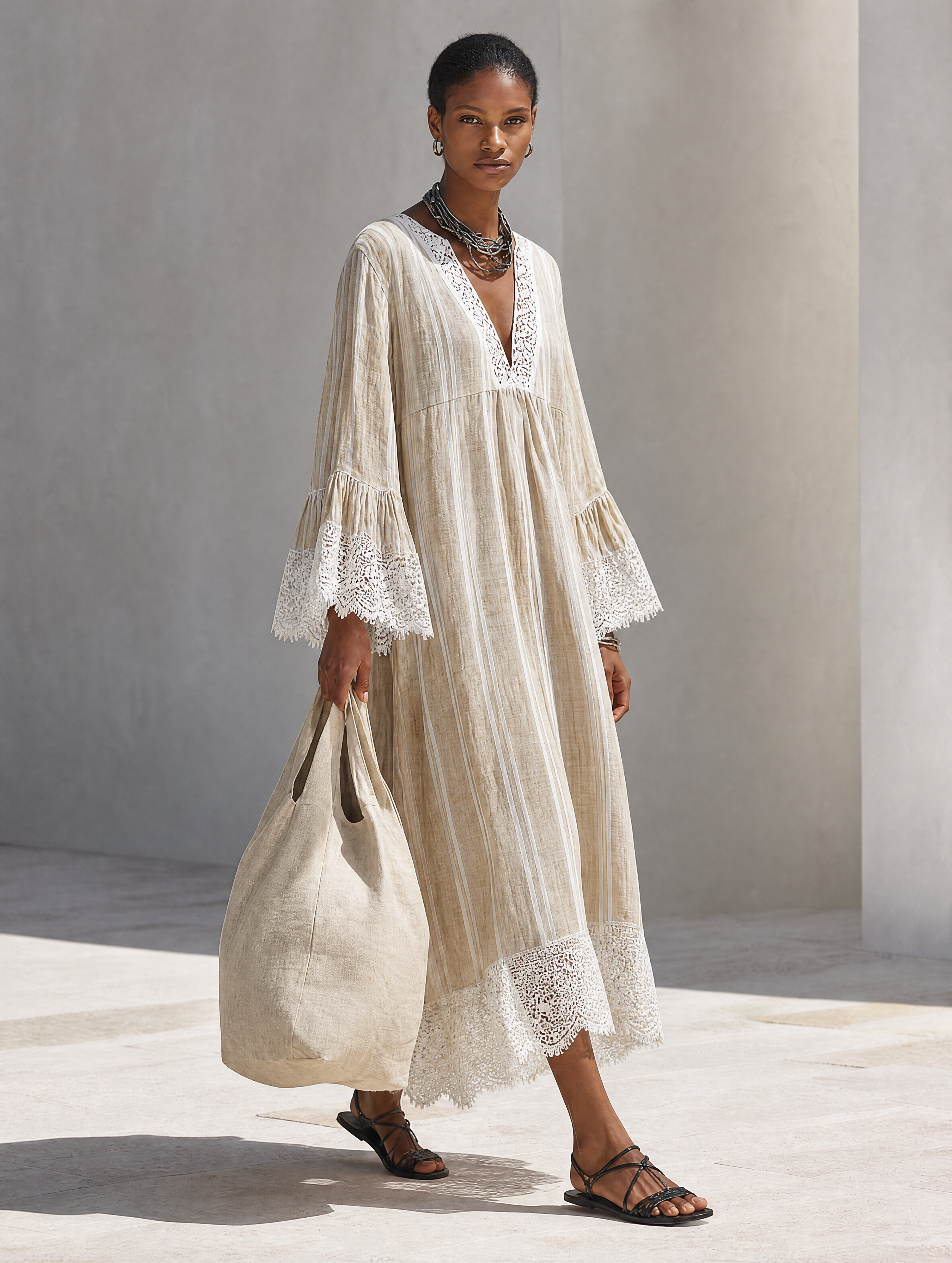 Beige Maxi Dress for Women with Vertical Stripes, White Lace Edges, and Flared Long Sleeves MDZ1745F9ZRK