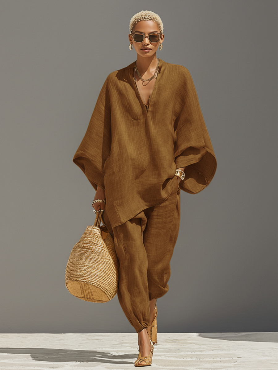 Neutral Linen Set for Women with Asymmetrical Edges and Minimalist Design, Sophisticated Everyday-Elegant Style MDZ0501B3I