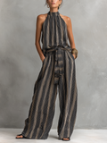 Elegant Women's Shirt with Striped Print, Round Neck, Sleeveless, Paired with Pants MDZ2706B5AN