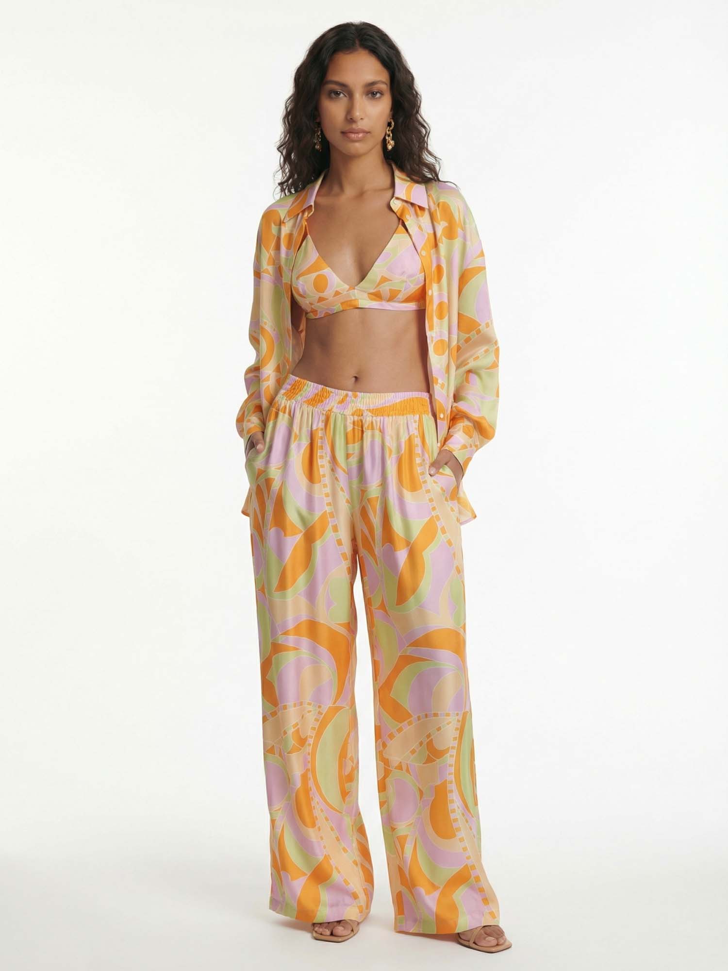 Wide Pants with Tropical Beach Graphic Print
