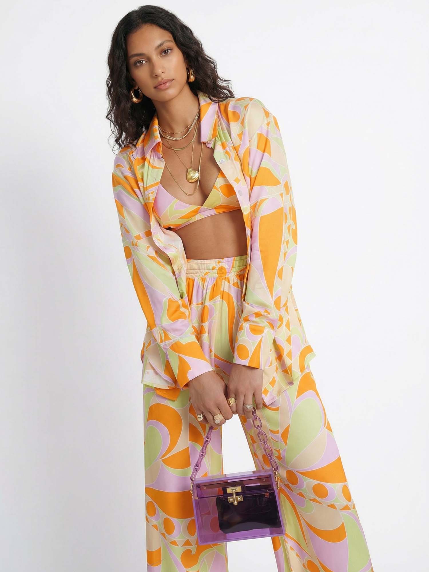Button-Up Shirt with Tropical Beach Graphic Print