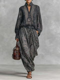 Shirt and Pants Set with Stand Collar, Long Sleeves, and Vintage Paisley Print for Women MDA2558G3Y