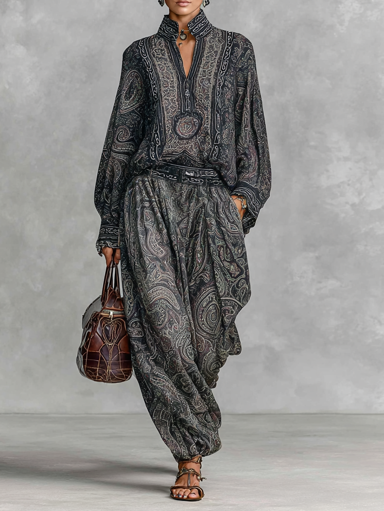 Shirt and Pants Set with Stand Collar, Long Sleeves, and Vintage Paisley Print for Women MDA2558G3Y