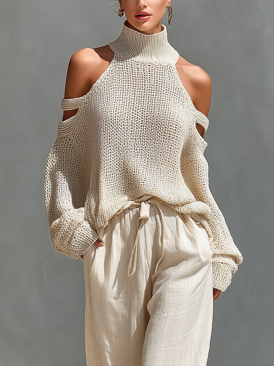 High Neck Top Set with Cold Straps in Beige Cotton and Wide Pants